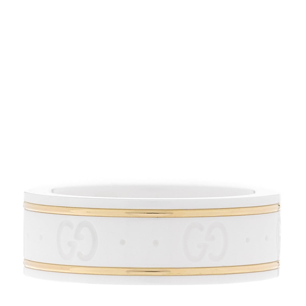 18K Yellow Gold Ceramic Icon Band Ring 53 6.25 White