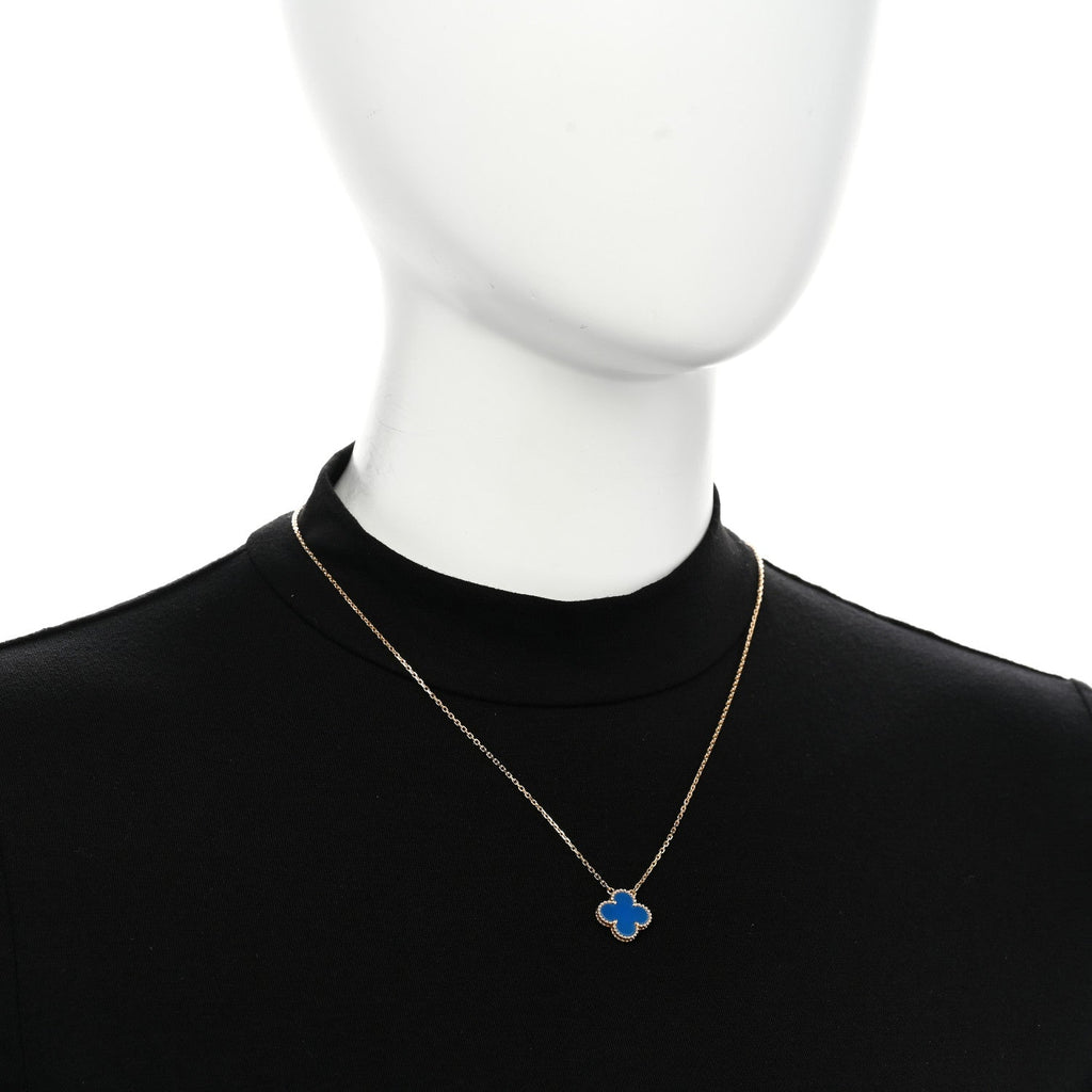 18K Yellow Gold Blue Agate Vintage Alhambra Pendant Necklace