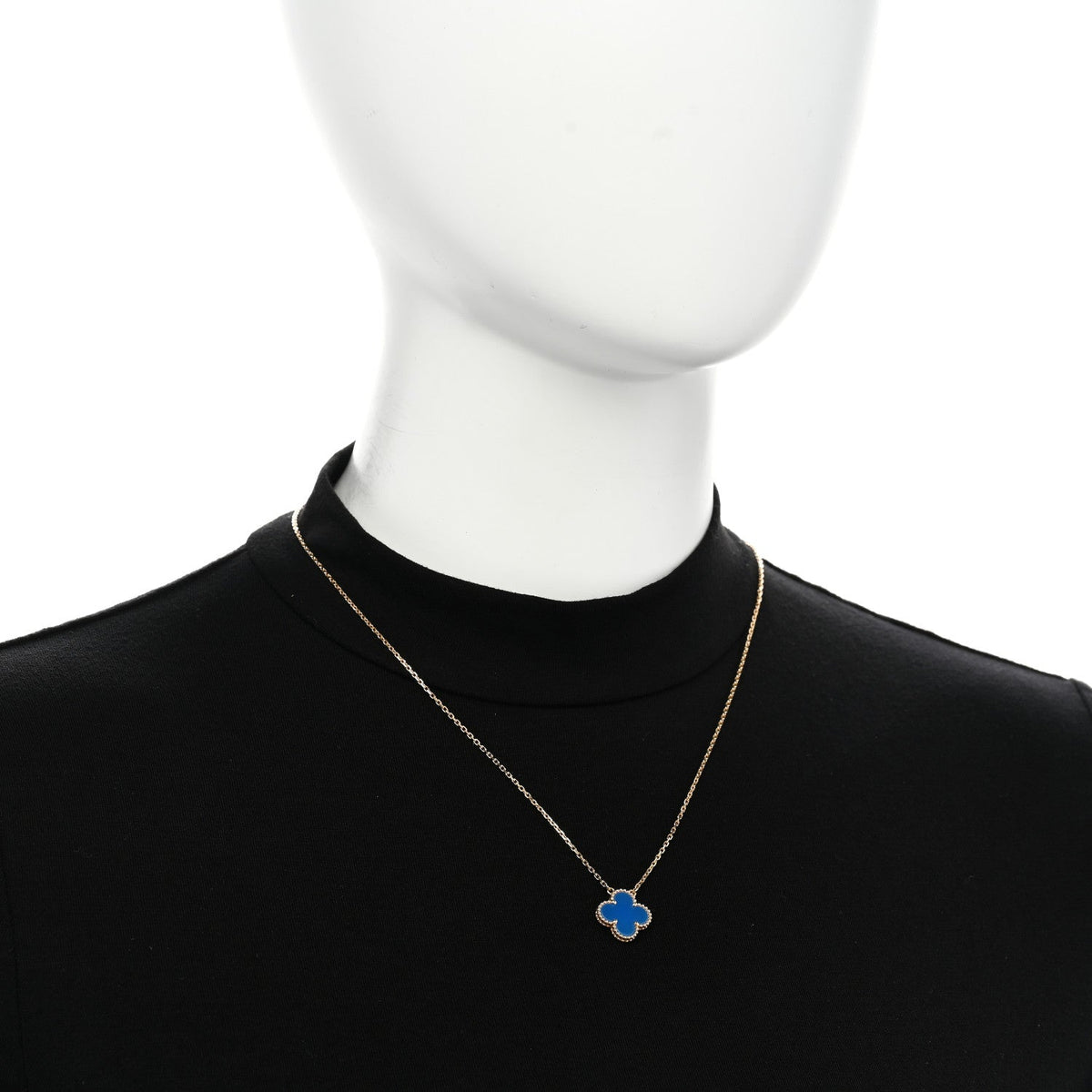 18K Yellow Gold Blue Agate Vintage Alhambra Pendant Necklace