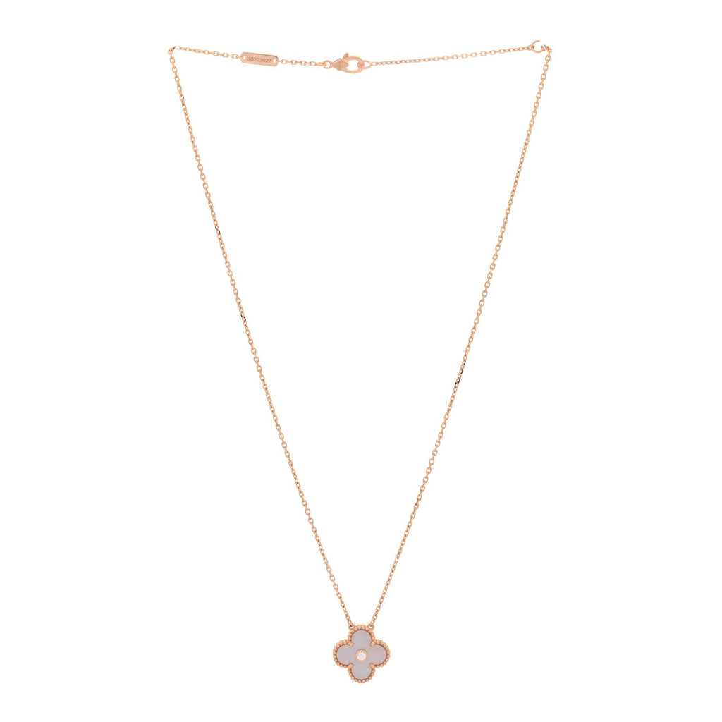 18K Rose Gold Diamond Pink Mother of Pearl Vintage Alhambra Pendant Necklace