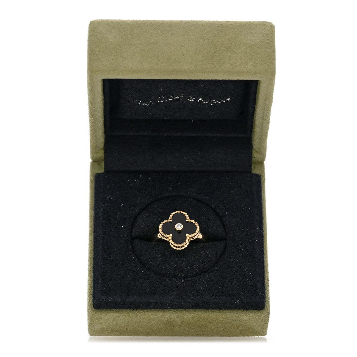18K Yellow Gold Black Onyx Diamond Vintage Alhambra Ring 56 7.5