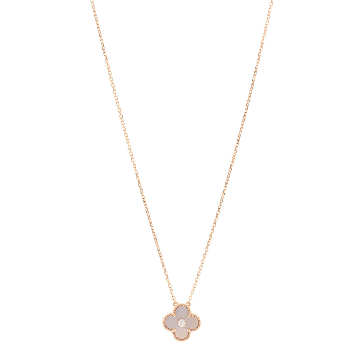 VAN CLEEF &amp; ARPELS 18K Rose Gold Diamond Pink Mother of Pearl Vintage Alhambra Pendant Necklace