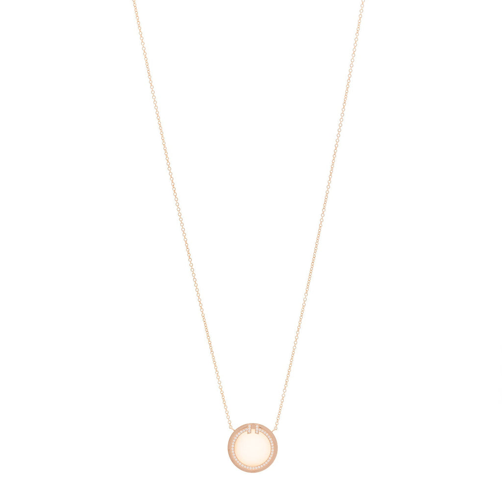18K Rose Gold Diamond Pink Opal T Circle Pendant Necklace