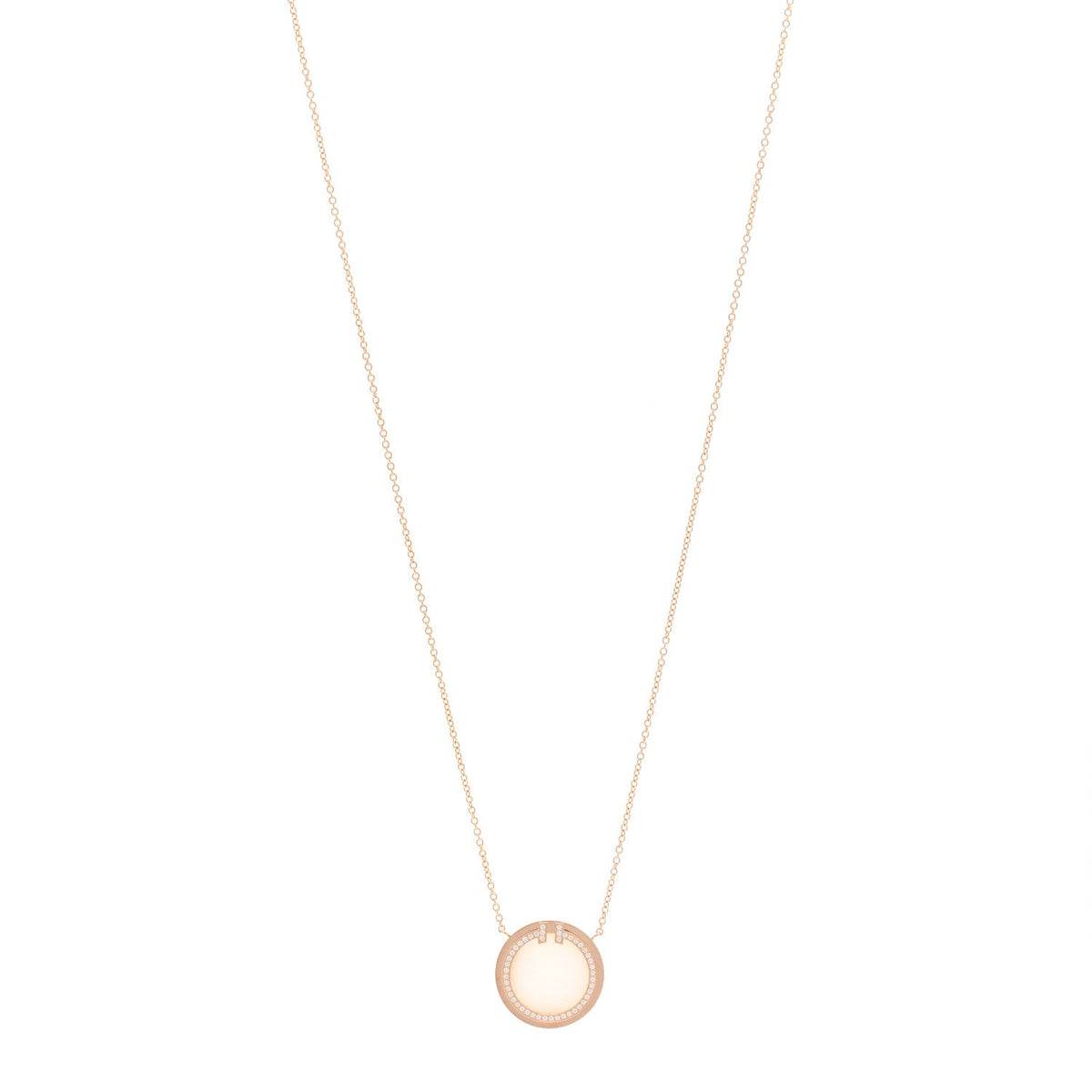 18K Rose Gold Diamond Pink Opal T Circle Pendant Necklace