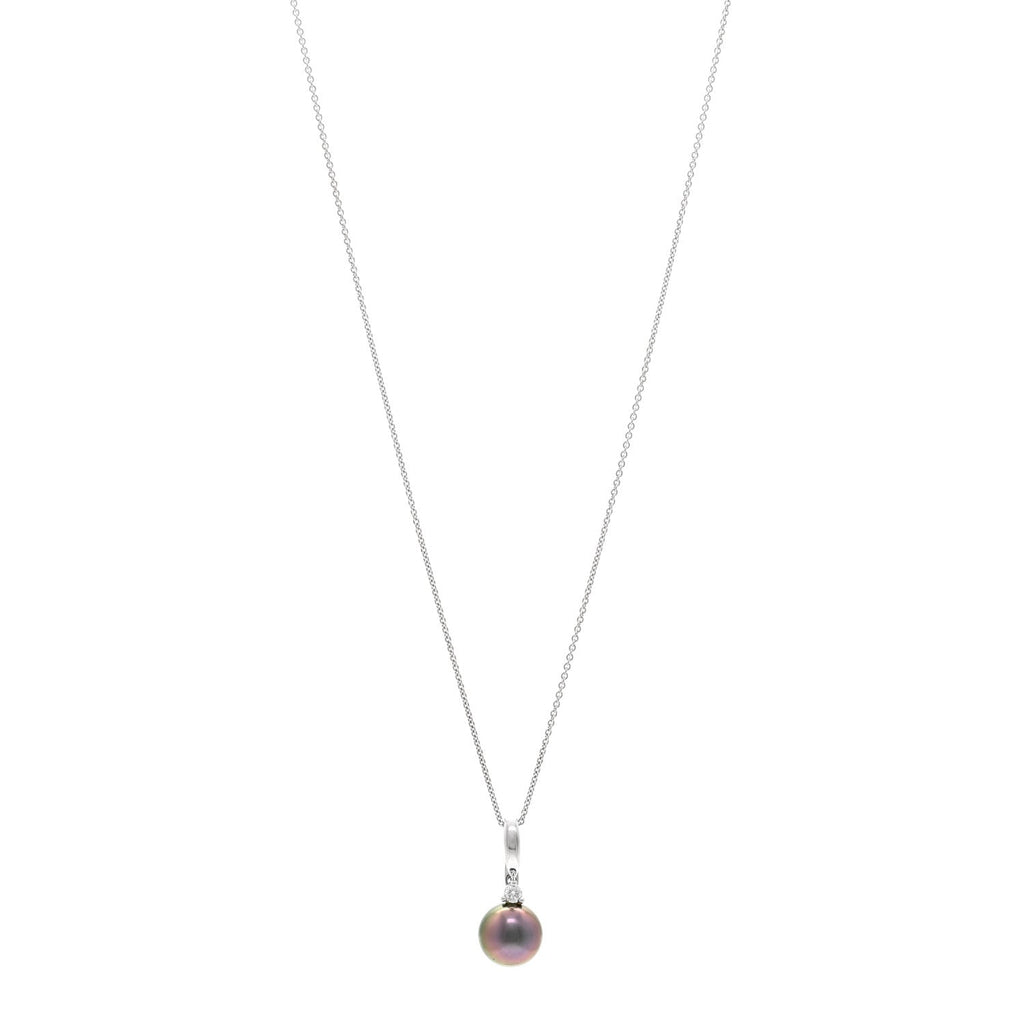 14k 18K White Gold Diamond Tahitian Cultured Pearl 9.5-10mm Drop Pendant Necklace