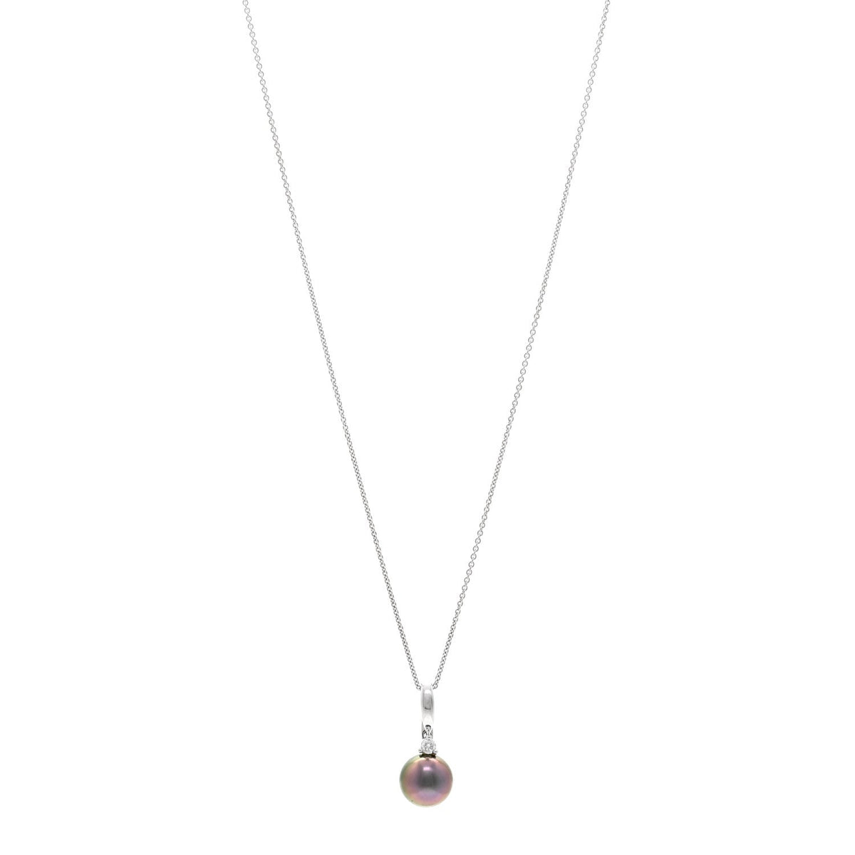 14k 18K White Gold Diamond Tahitian Cultured Pearl 9.5-10mm Drop Pendant Necklace
