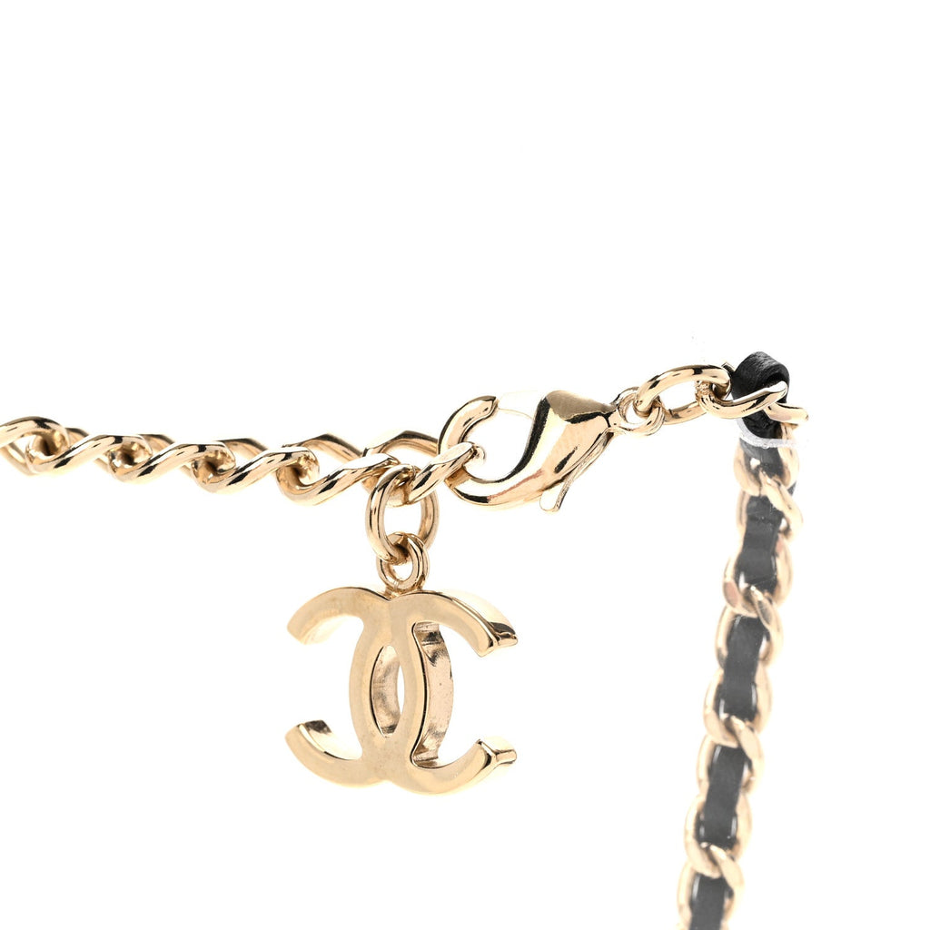 Lambskin Crystal CC Chain Pendant Necklace Black Gold