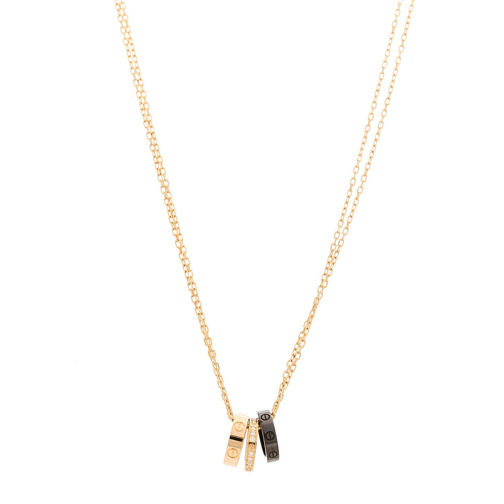18K Pink Gold Ceramic Diamond Three Ring LOVE Pendant Necklace
