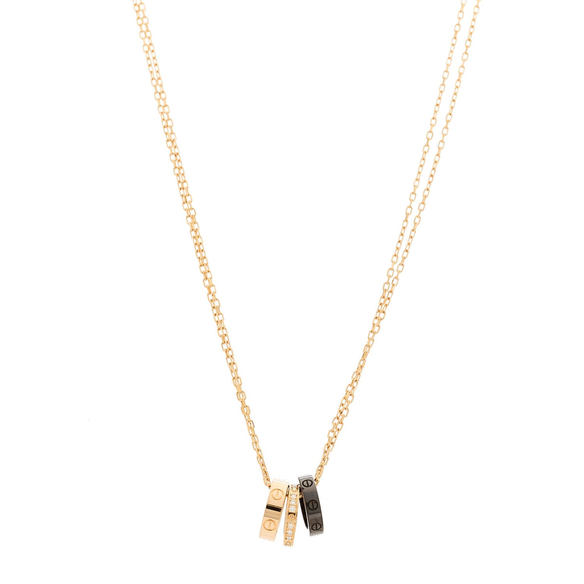18K Pink Gold Ceramic Diamond Three Ring LOVE Pendant Necklace