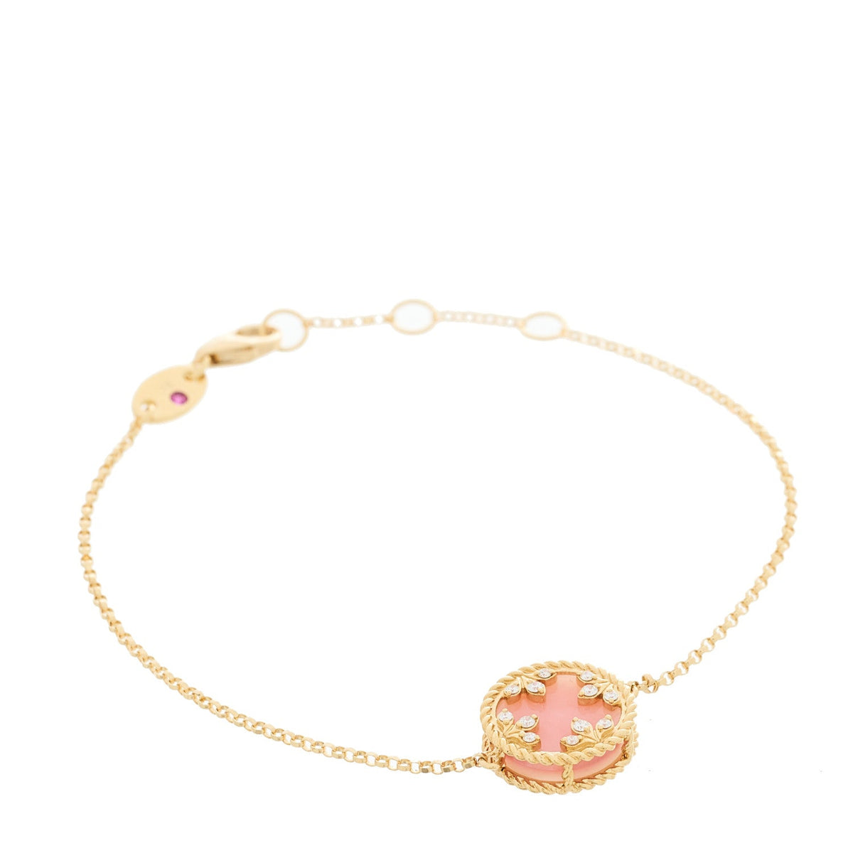 18K Yellow Gold Diamond Pink Opal Mother of Pearl Venetian Medallion Bracelet