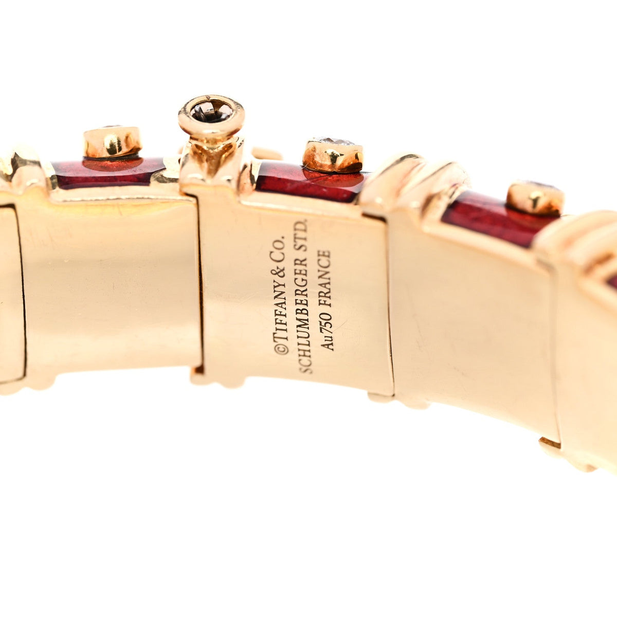 18K Yellow Gold Enamel Diamond Schlumberger Bracelet Red