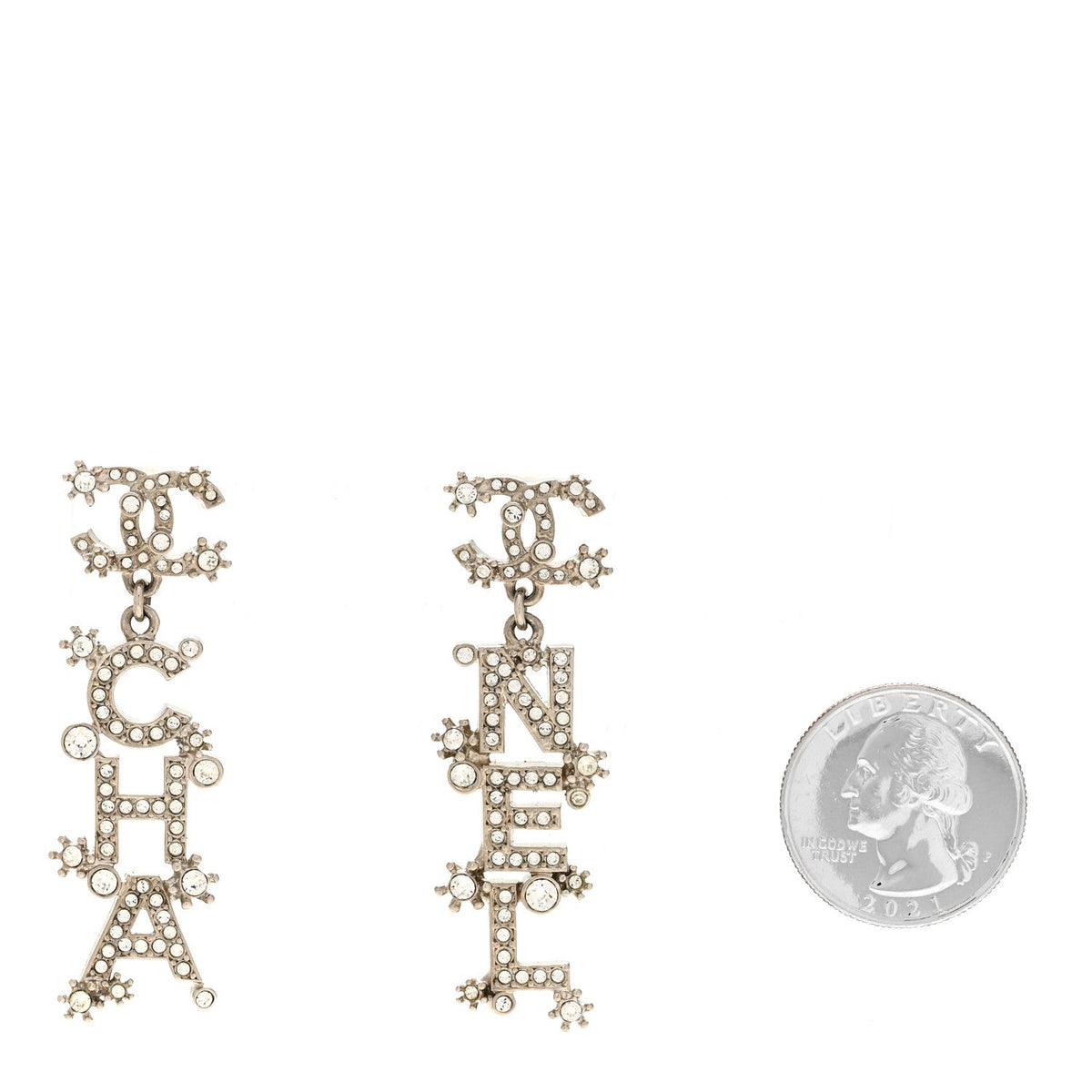 Crystal Cha-Nel Logo Drop Earrings Silver