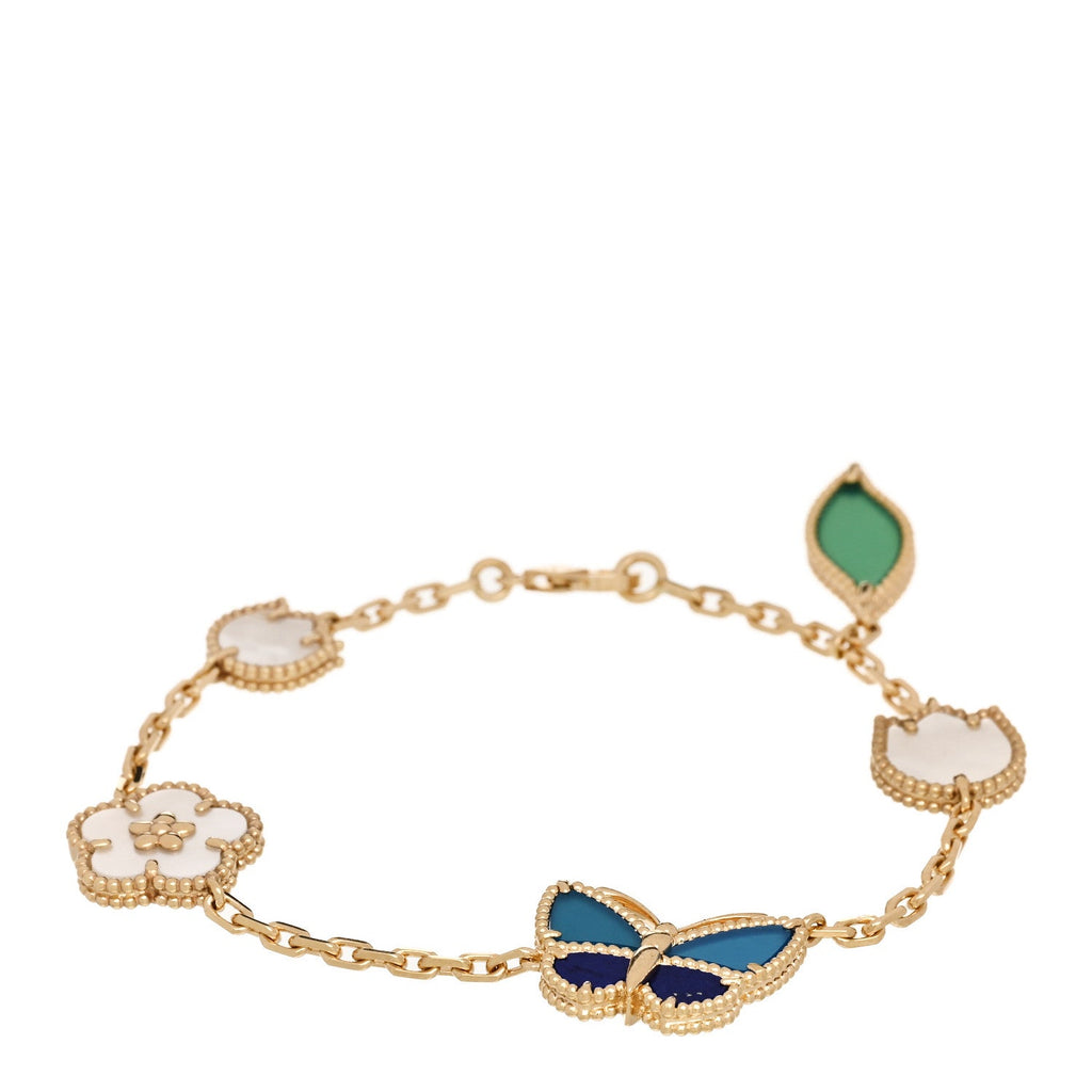 18K Yellow Gold Agate Lapis Lazuli Mother of Pearl 5 Motifs Lucky Spring Bracelet