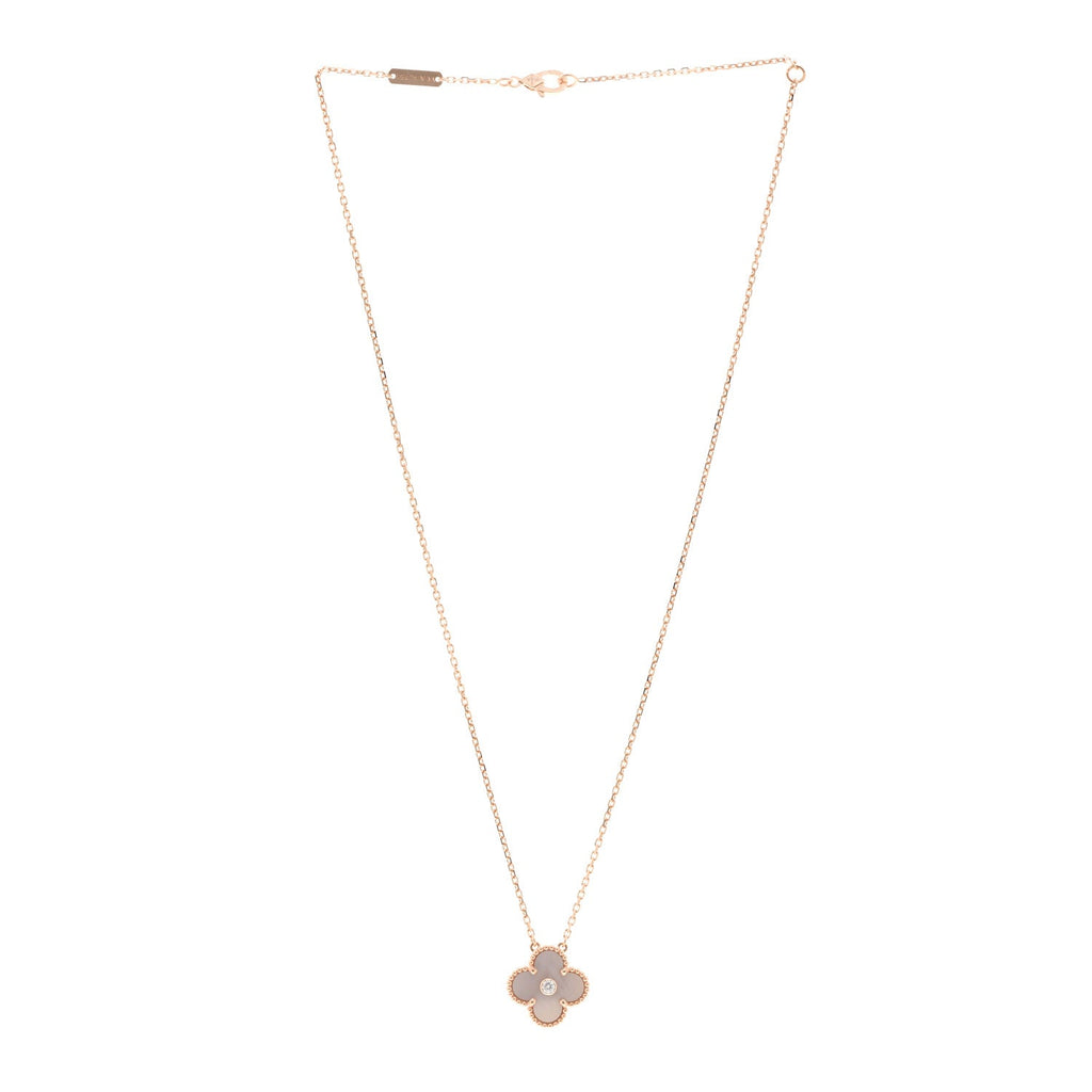 VAN CLEEF &amp; ARPELS 18K Rose Gold Diamond Pink Mother of Pearl Vintage Alhambra Pendant Necklace