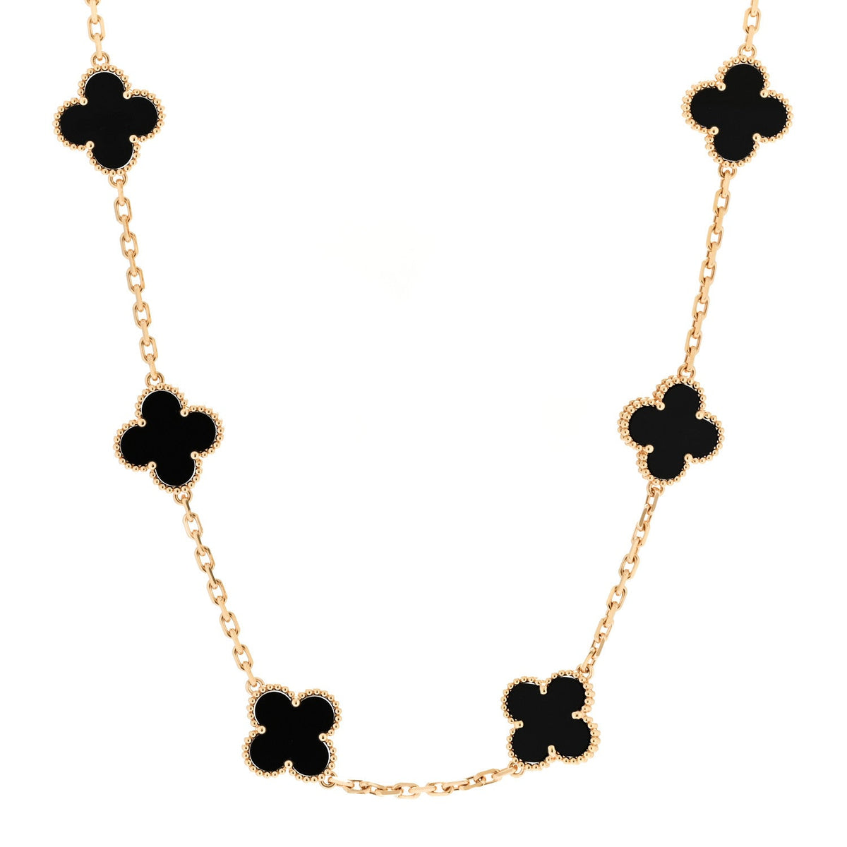 18K Yellow Gold Black Onyx 10 Motifs Vintage Alhambra Necklace