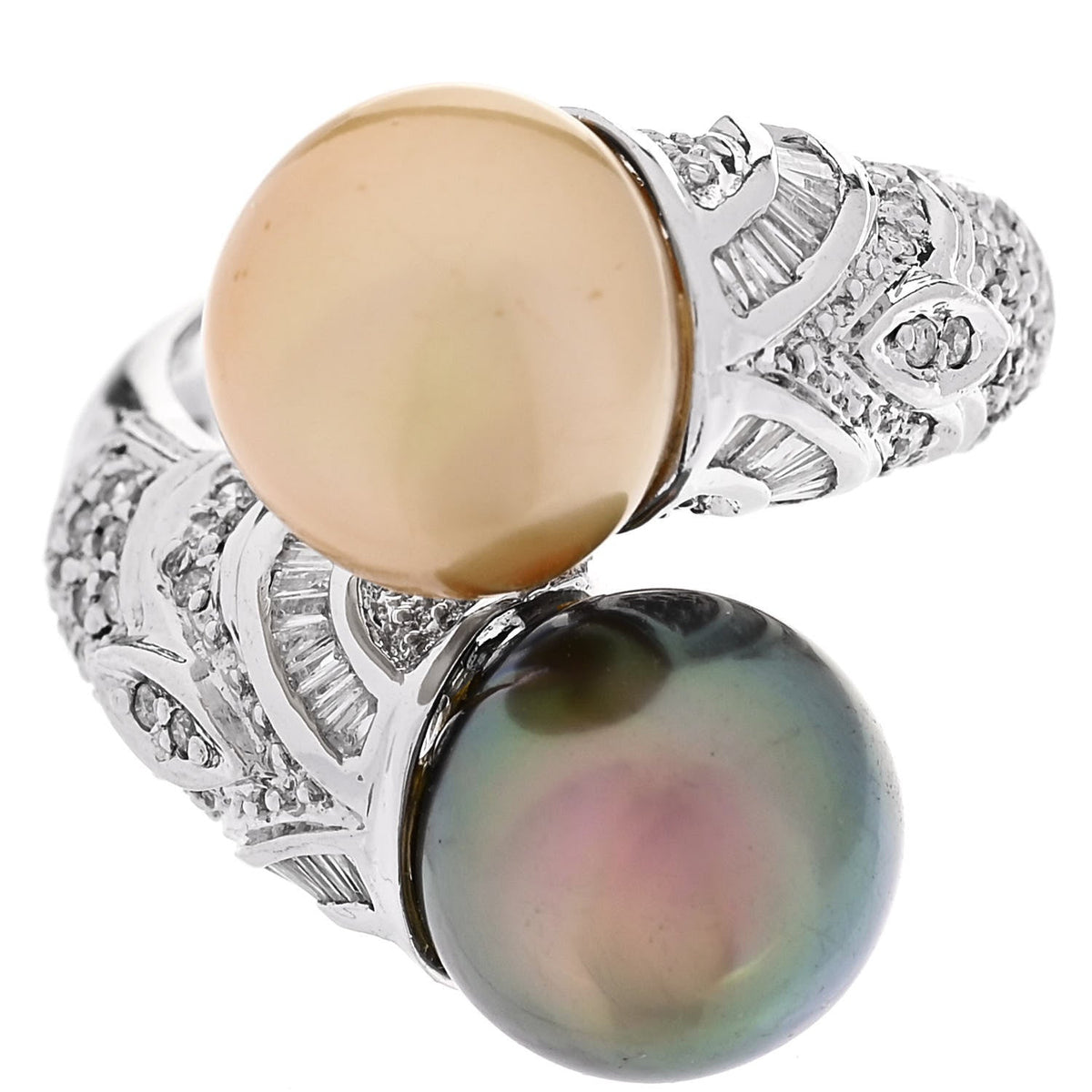 14K White Gold Diamond Gold Black Cultured Pearl .45ctw Bypass Ring 56 7.5