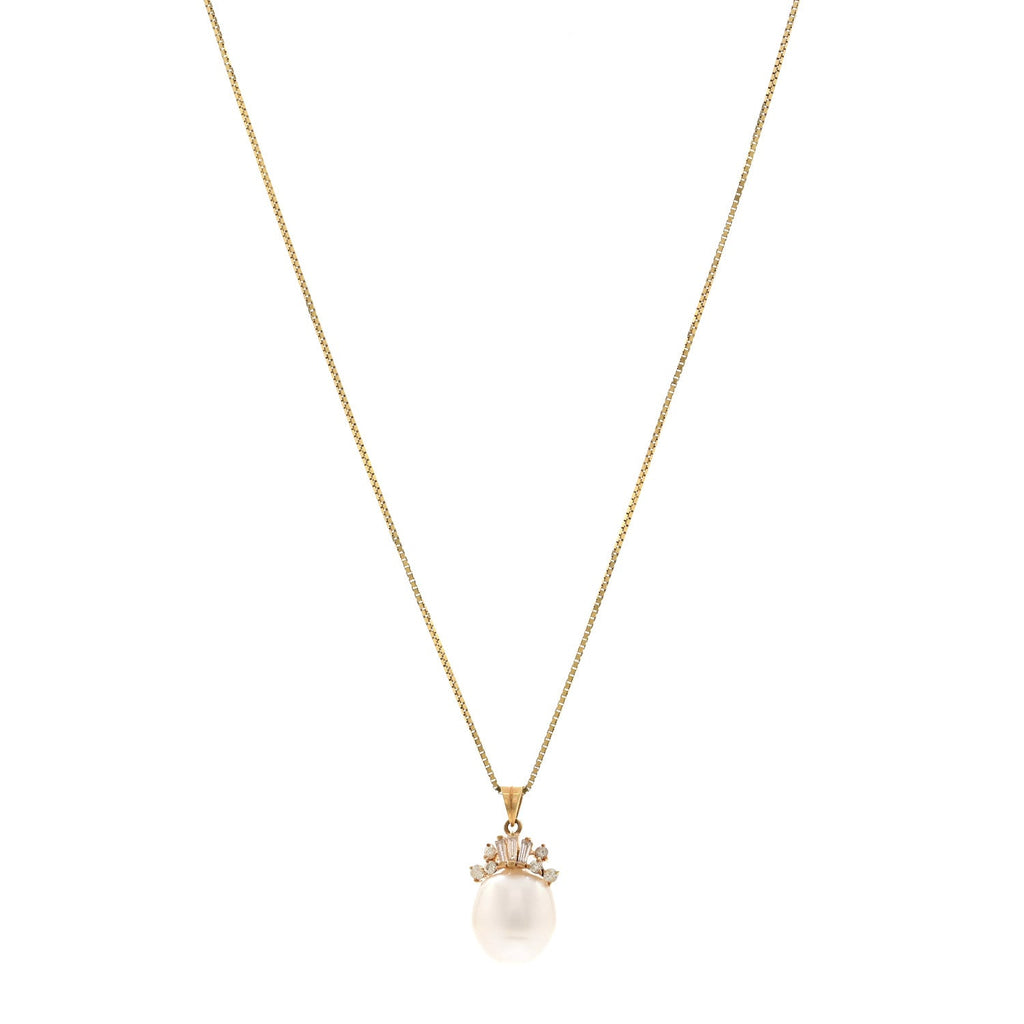 14K Yellow Rose Gold Diamond Cultured Pearl Pendant Necklace