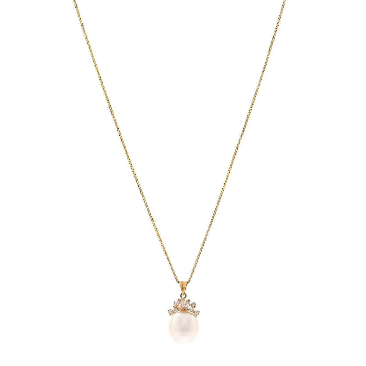 14K Yellow Rose Gold Diamond Cultured Pearl Pendant Necklace