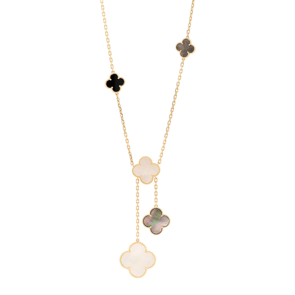 18K Yellow Gold Mother of Pearl Onyx 6 Motifs Magic Alhambra Necklace