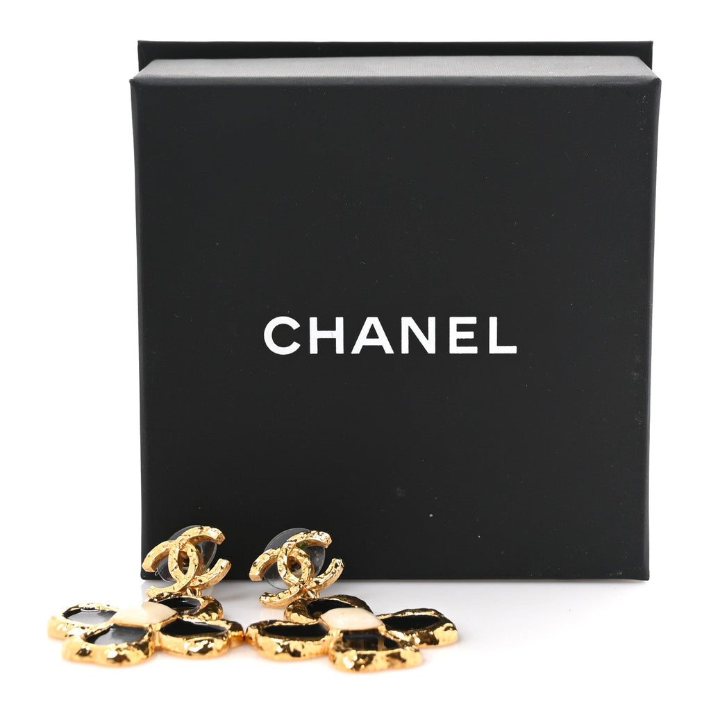 Resin Metal Glass CC Clover Drop Earrings Gold Black White