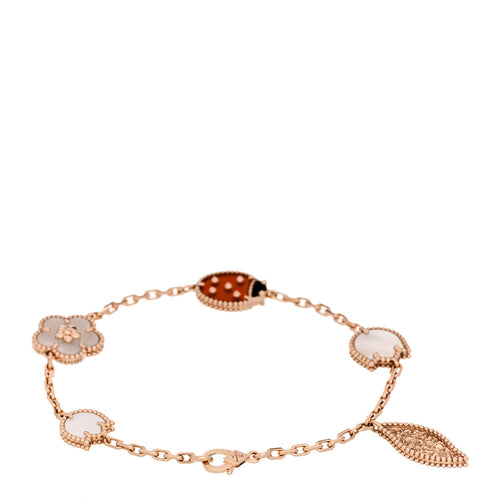 18K Rose Gold Carnelian Mother of Pearl Onyx 5 Motifs Lucky Spring Bracelet