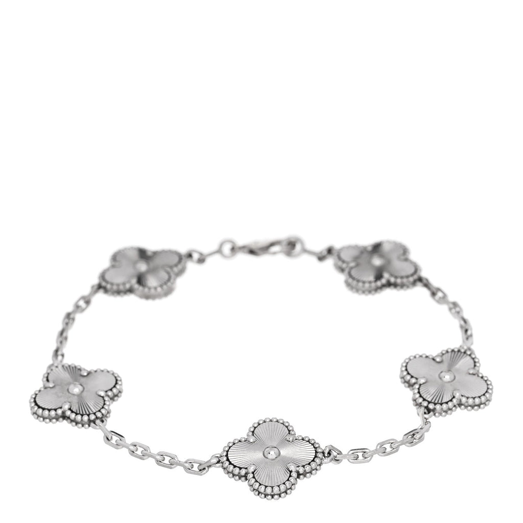18K White Gold 5 Motifs Guilloche Vintage Alhambra Bracelet