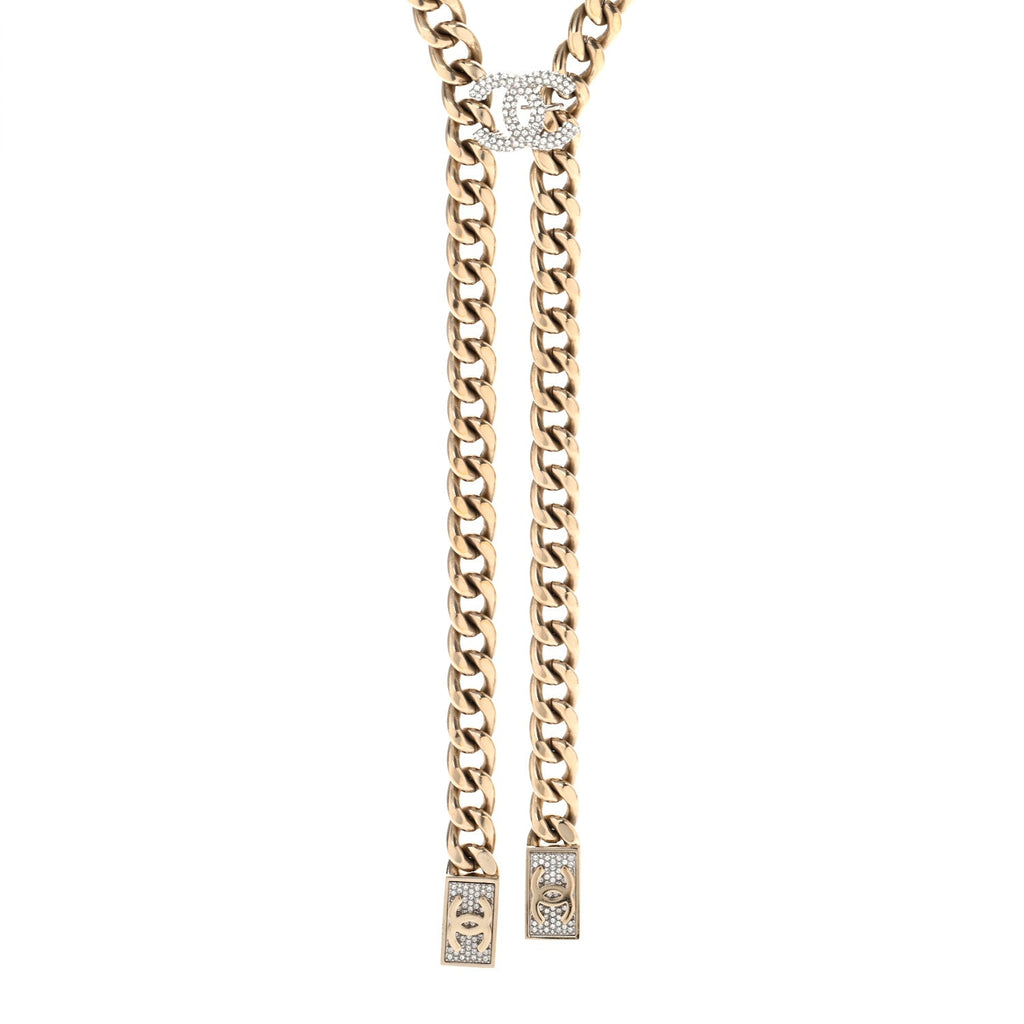 Chain Link Crystal CC Dog Tag Charm Necklace Gold