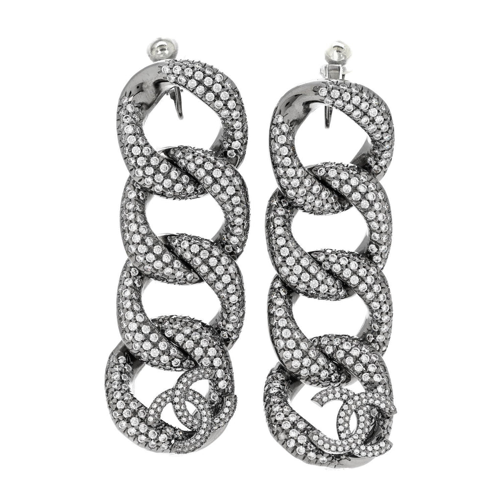 Crystal Chain Link CC Drop Clip On Earrings Black