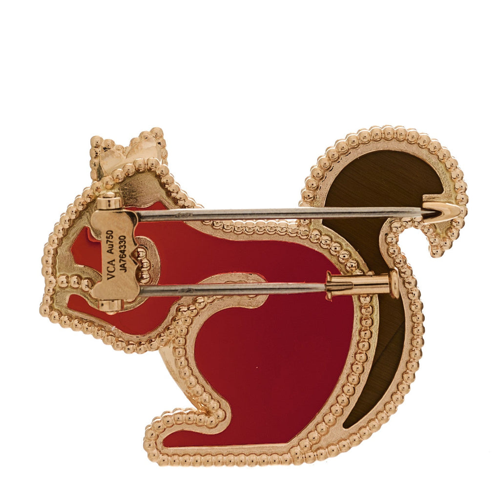 18K Rose Gold Carnelian Black Onyx Tiger Eye Lucky Animals Squirrel Brooch
