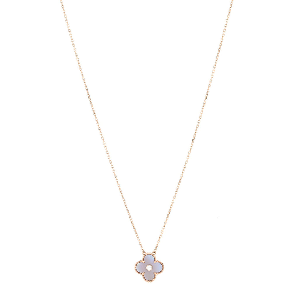 18K Rose Gold Diamond Pink Mother of Pearl Vintage Alhambra Pendant Necklace