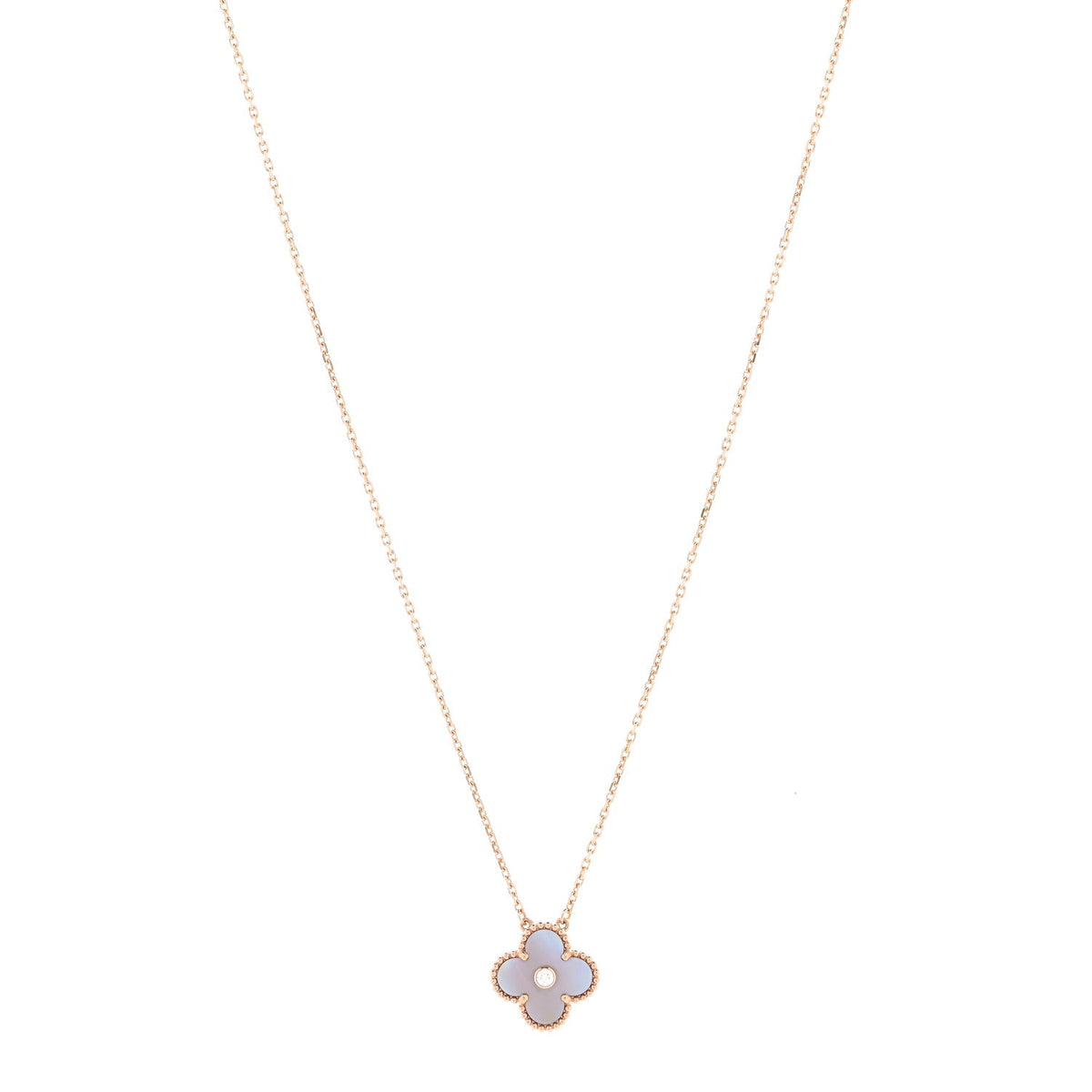 18K Rose Gold Diamond Pink Mother of Pearl Vintage Alhambra Pendant Necklace