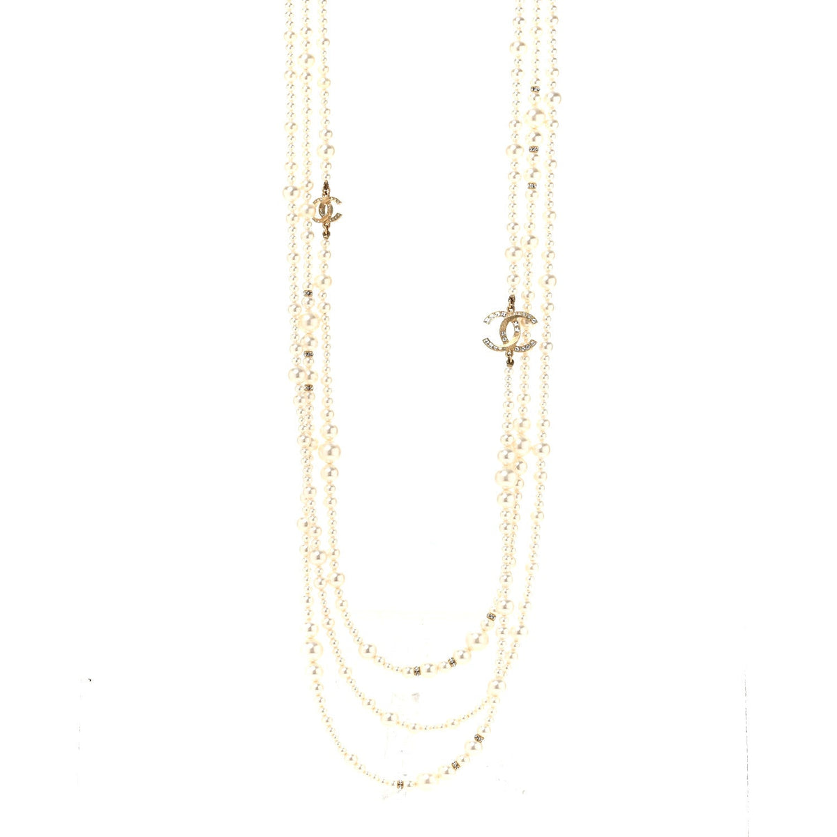 Metal Pearl Crystal Graduated CC Multi Strand Necklace Gold
