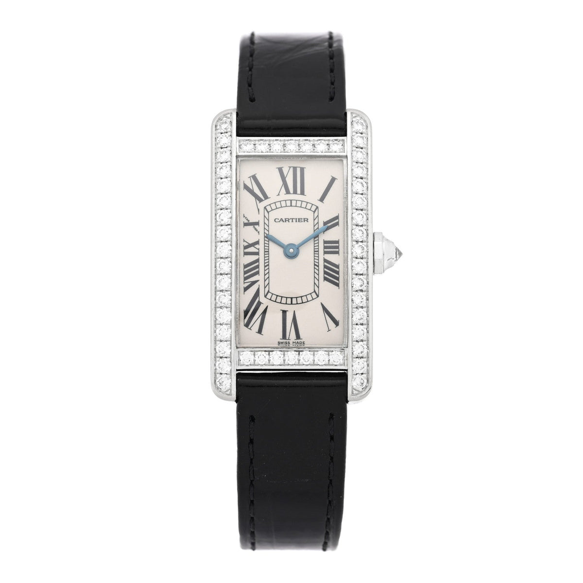 18K White Gold Alligator Diamond Bezel 19mm Tank Americaine Quartz Watch