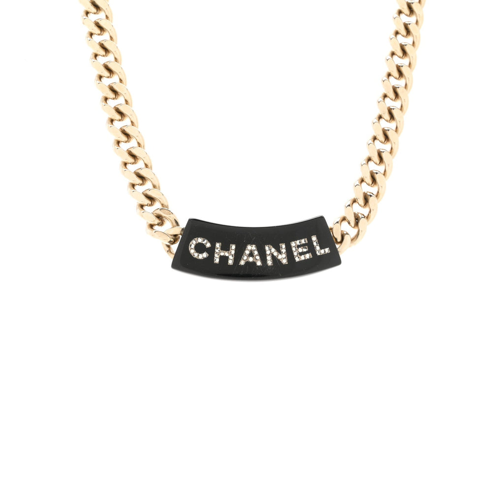 Metal Resin Crystal Chain Logo Necklace Gold Black