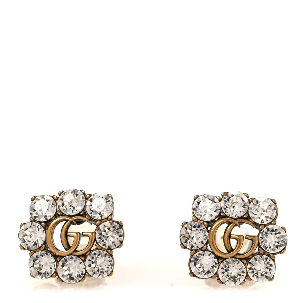 Metal Crystal Double G Clip On Earrings Aged Gold