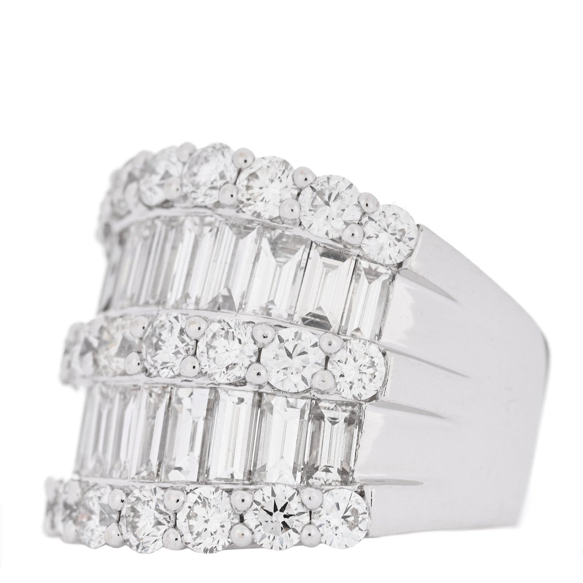 18K White Gold Diamond 4.12ctw Round Baguette Cut Five Row Band Ring 53 6.5