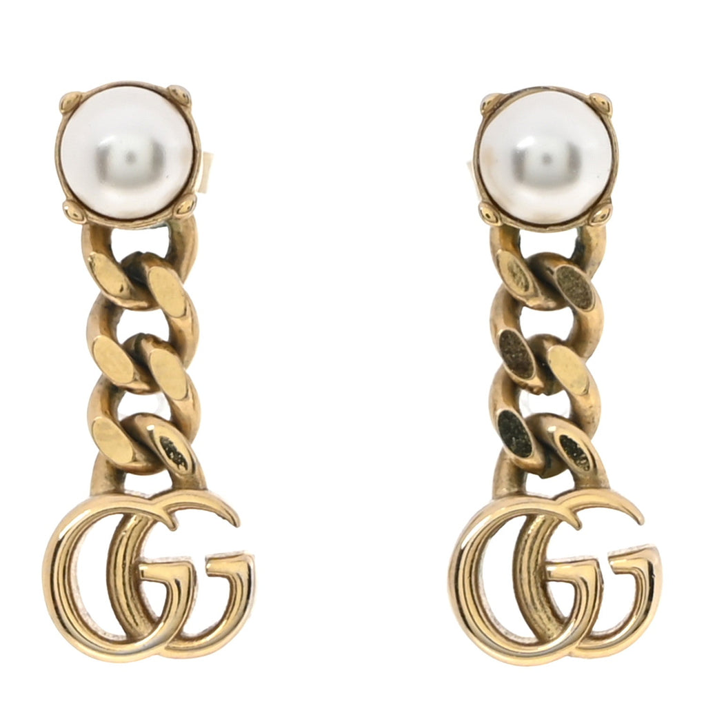 Metal Pearl Double G Chain Drop Earrings Gold