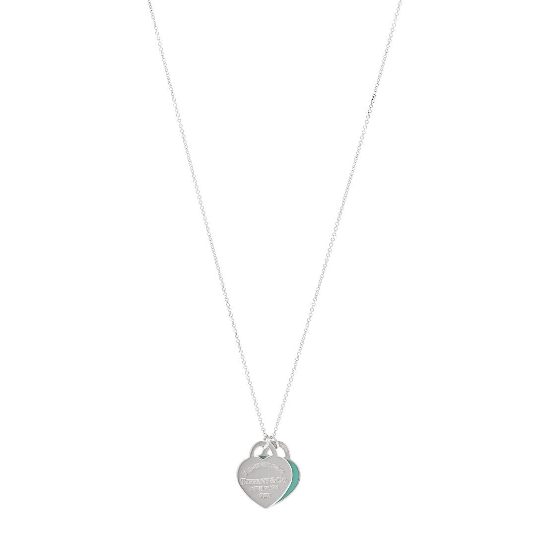 Sterling Silver Enamel Return to Tiffany Double Heart Tag Pendant Necklace Blue