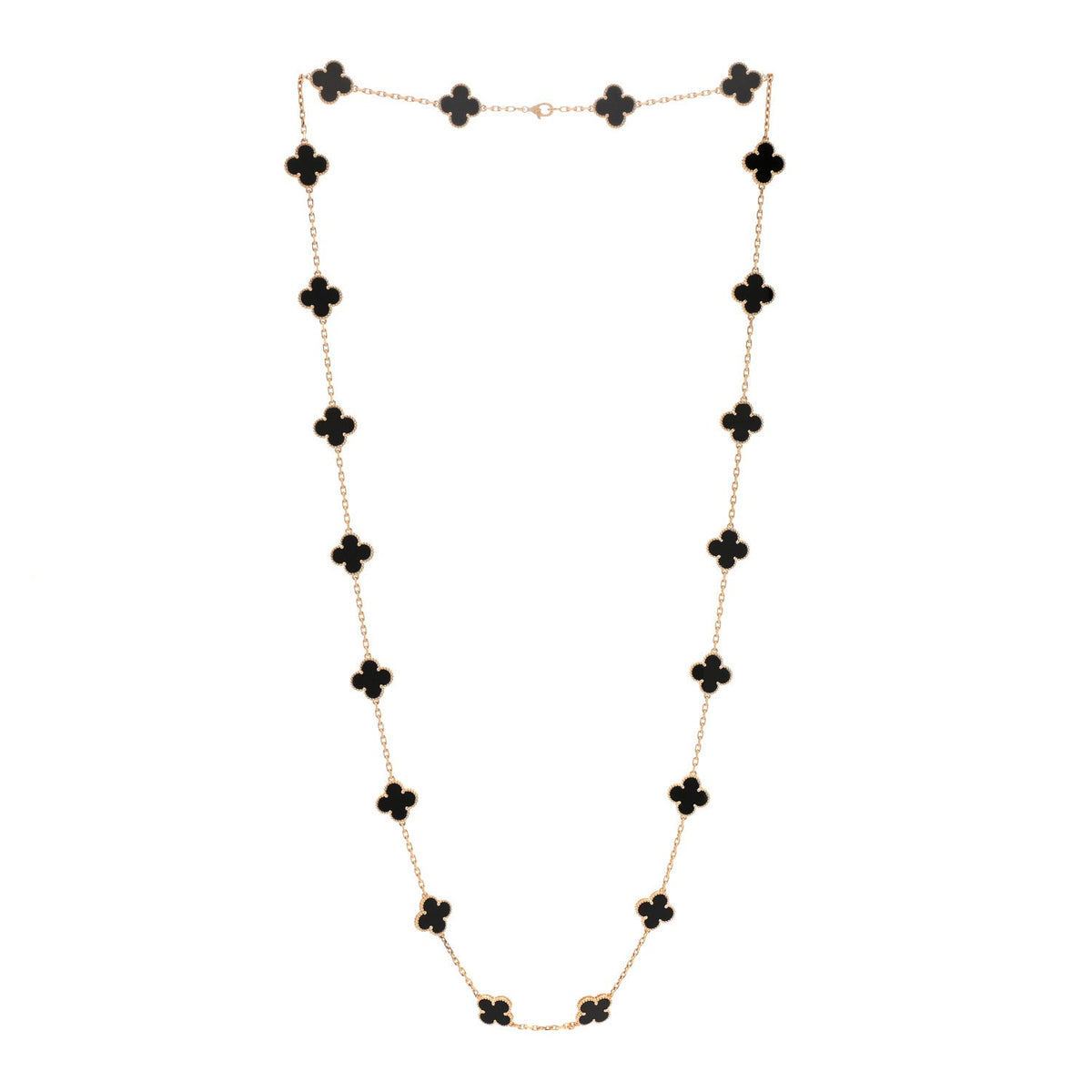 18K Yellow Gold Black Onyx 20 Motifs Vintage Alhambra Necklace