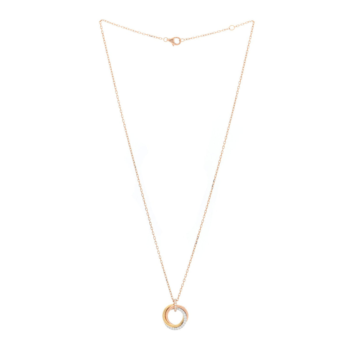 18K Pink White Yellow Gold Diamond Small Trinity Half Paved Pendant Necklace