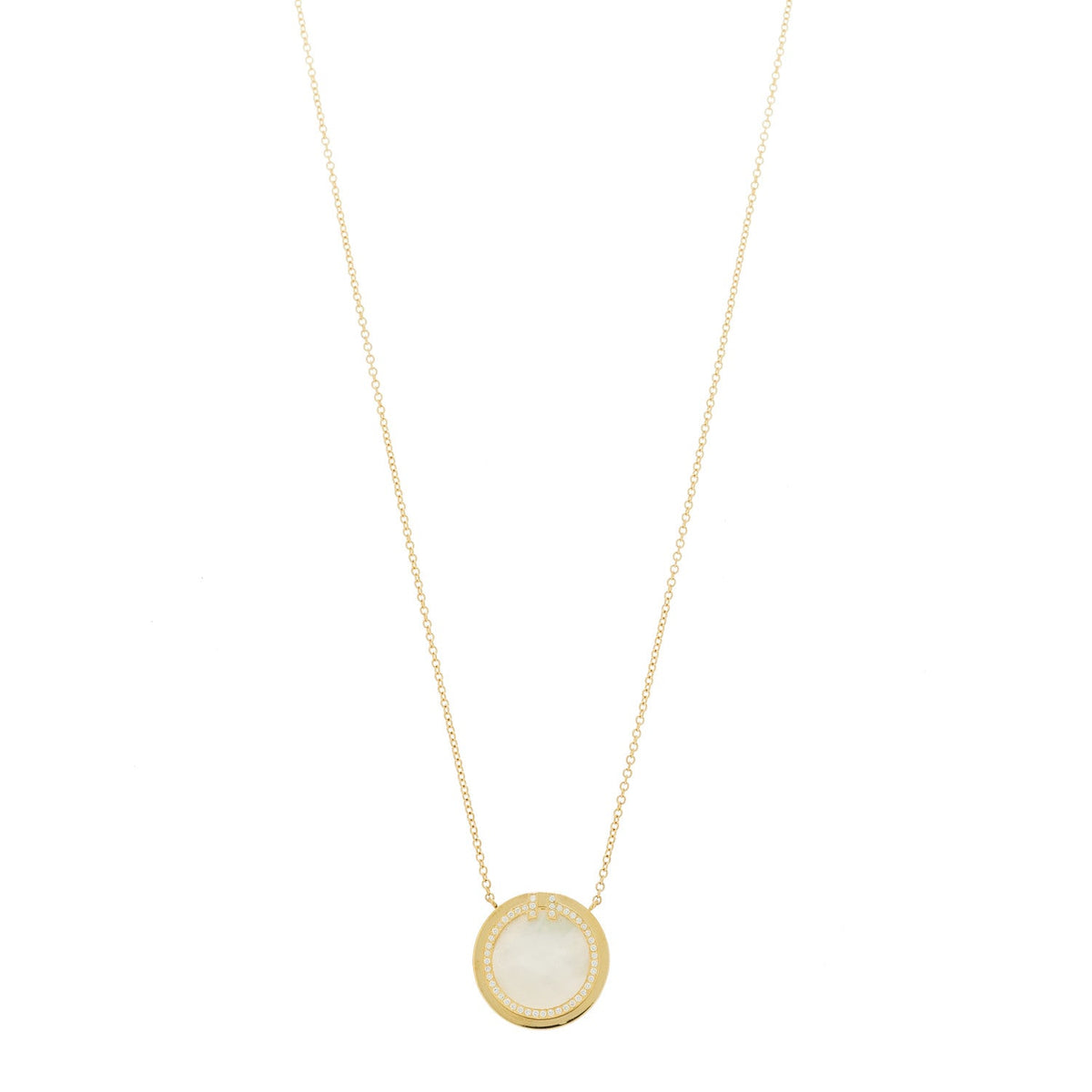 18K Yellow Gold Diamond Mother of Pearl T Circle Pendant Necklace