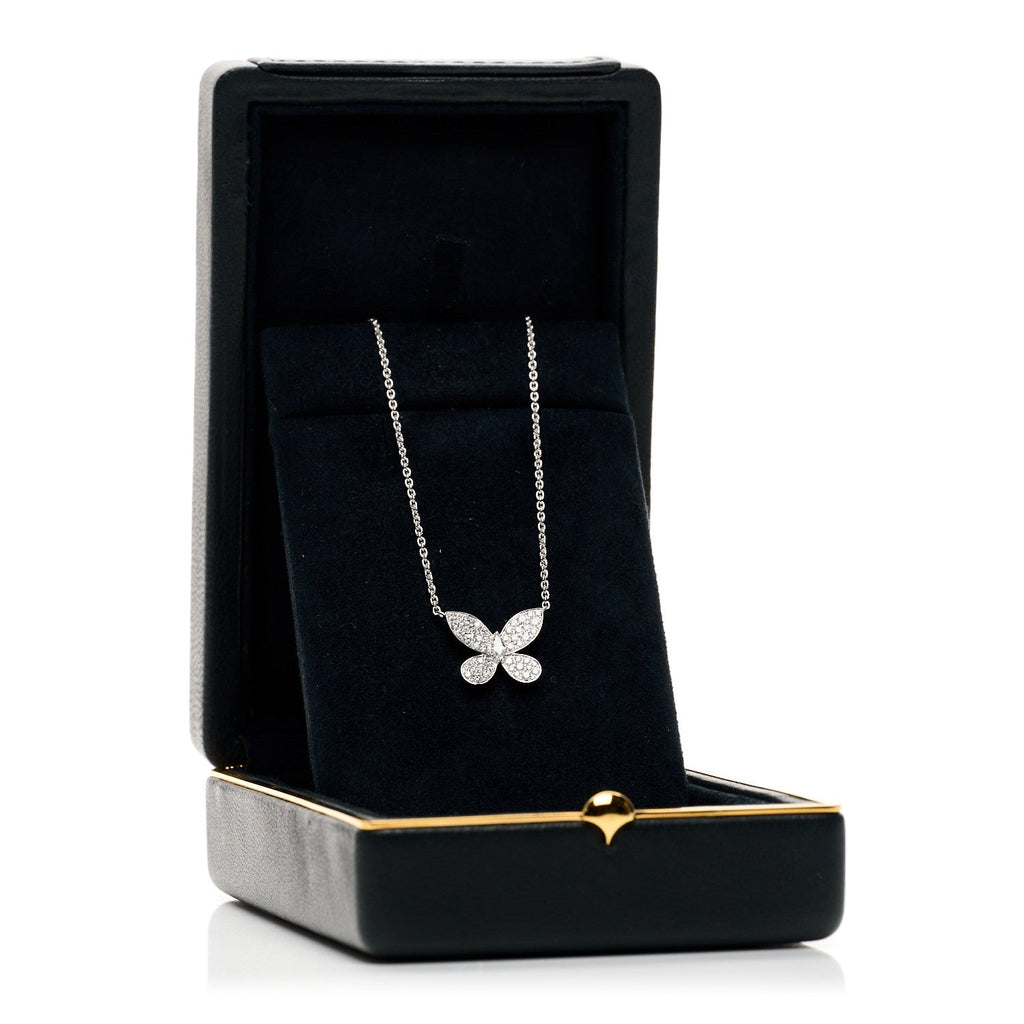 18K White Gold Small Diamond Butterfly Pendant Pave Necklace