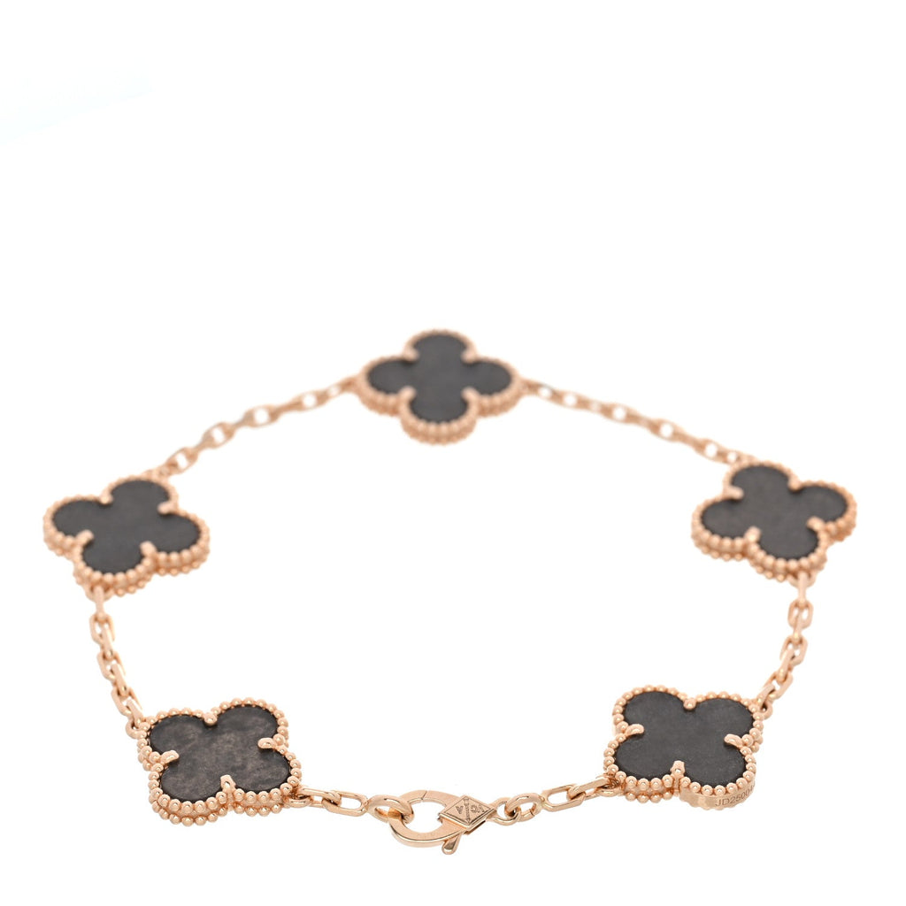 18K Rose Gold Silver Obsidian 5 Motifs Vintage Alhambra Bracelet