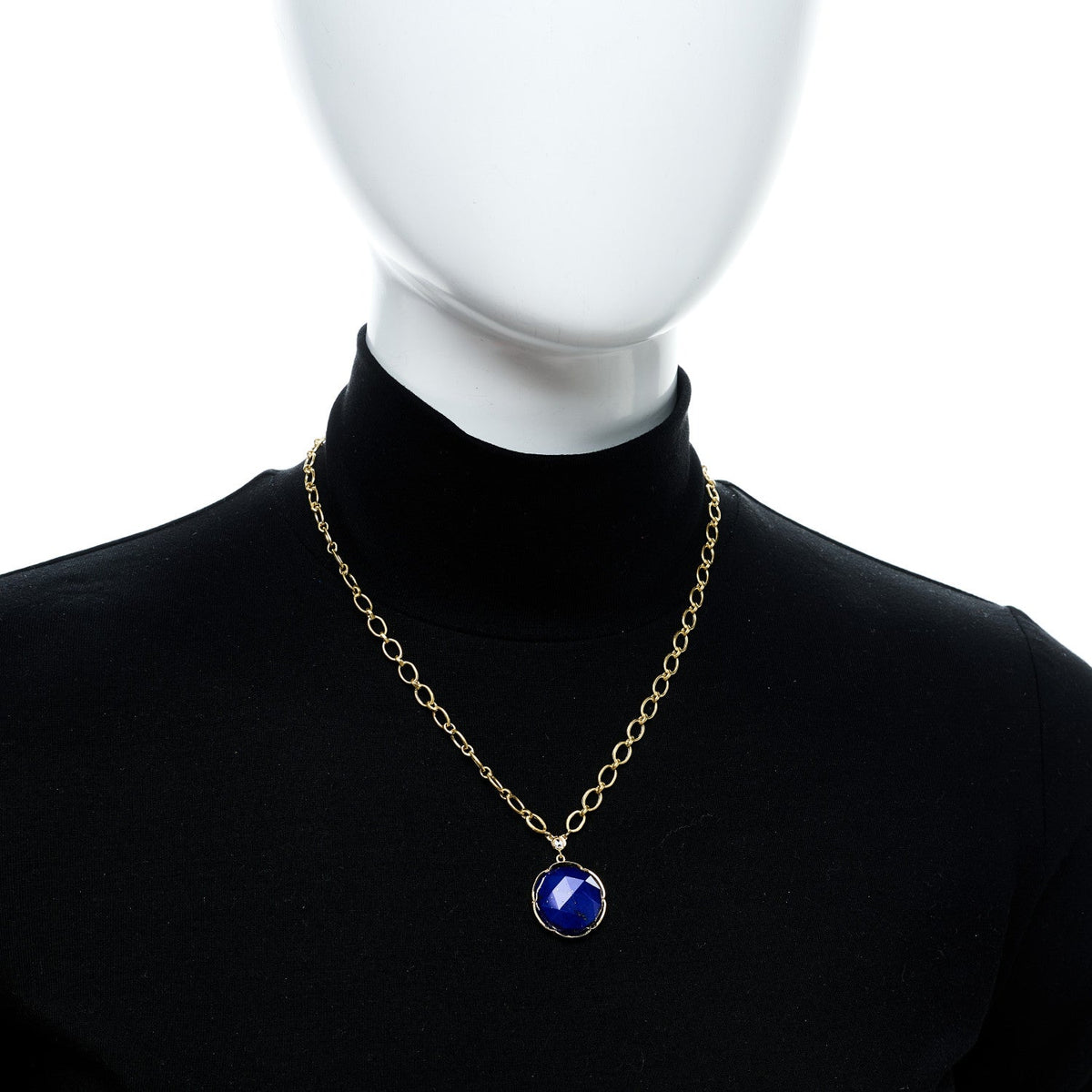 18K Yellow Gold Diamond Lapis Lazuli Oval Link Large Pendant Necklace