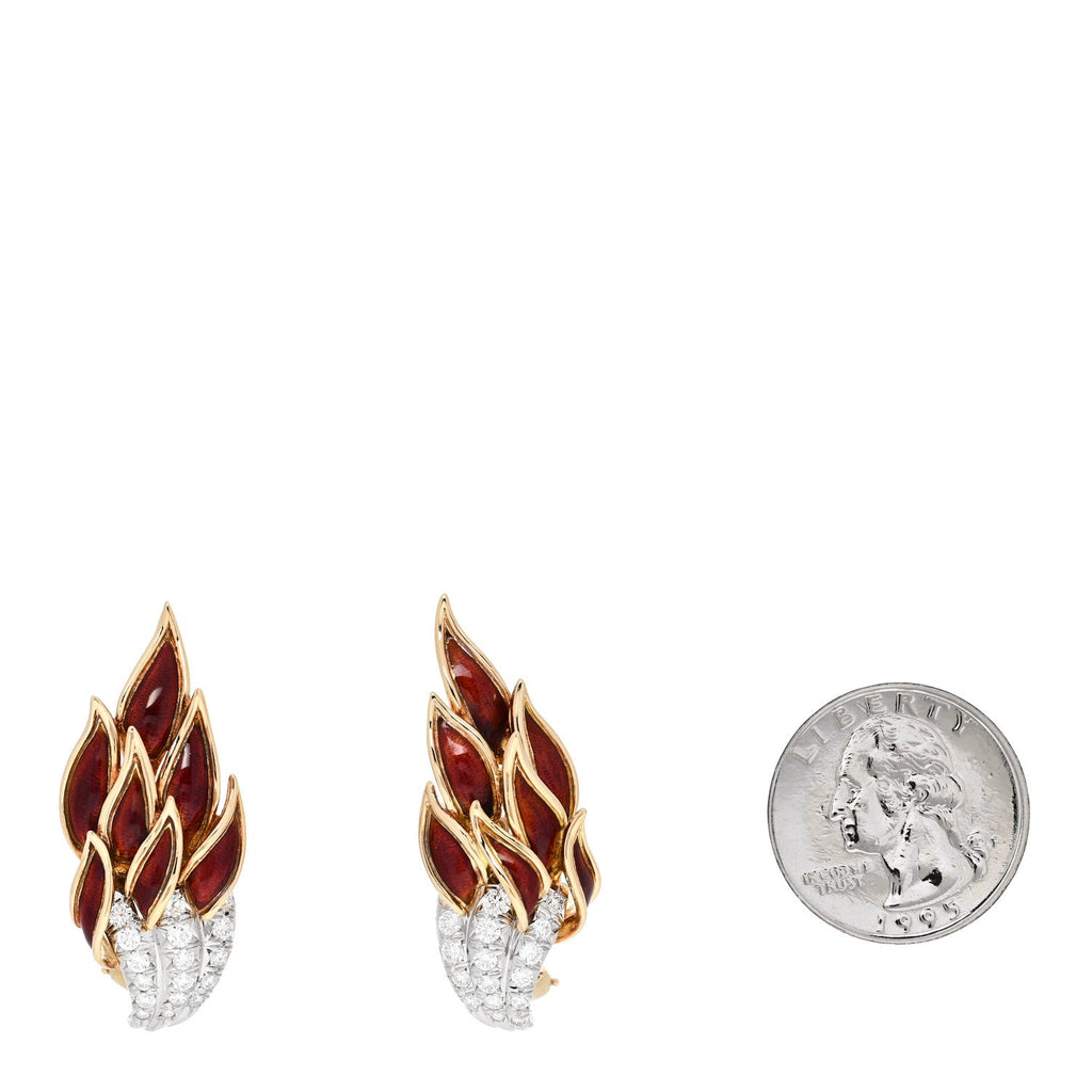 18K Yellow Gold Platinum Enamel Diamond Schlumberger Flame Earrings Red