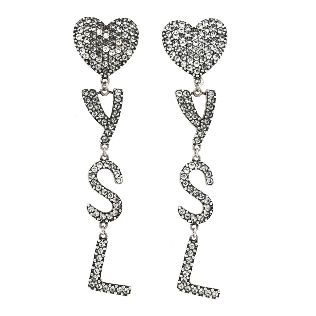 Brass Crystal Monogram Heart Drop Clip Earrings Silver