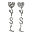 Brass Crystal Monogram Heart Drop Clip Earrings Silver