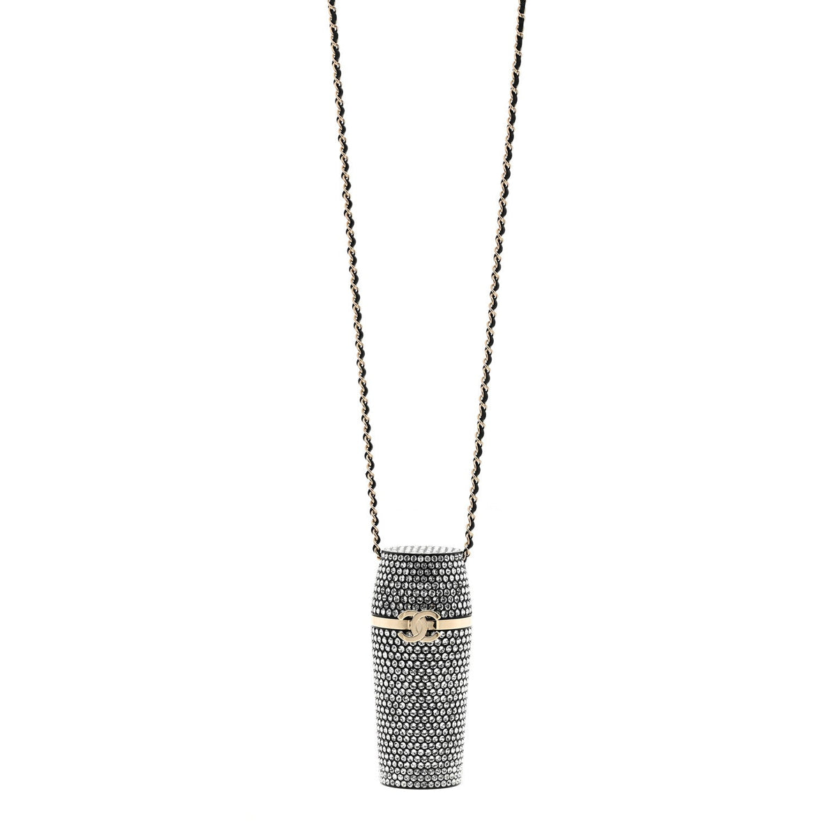 Metal Resin Lambskin Crystal Lipstick Case Long Necklace On Chain Silver Black Gold