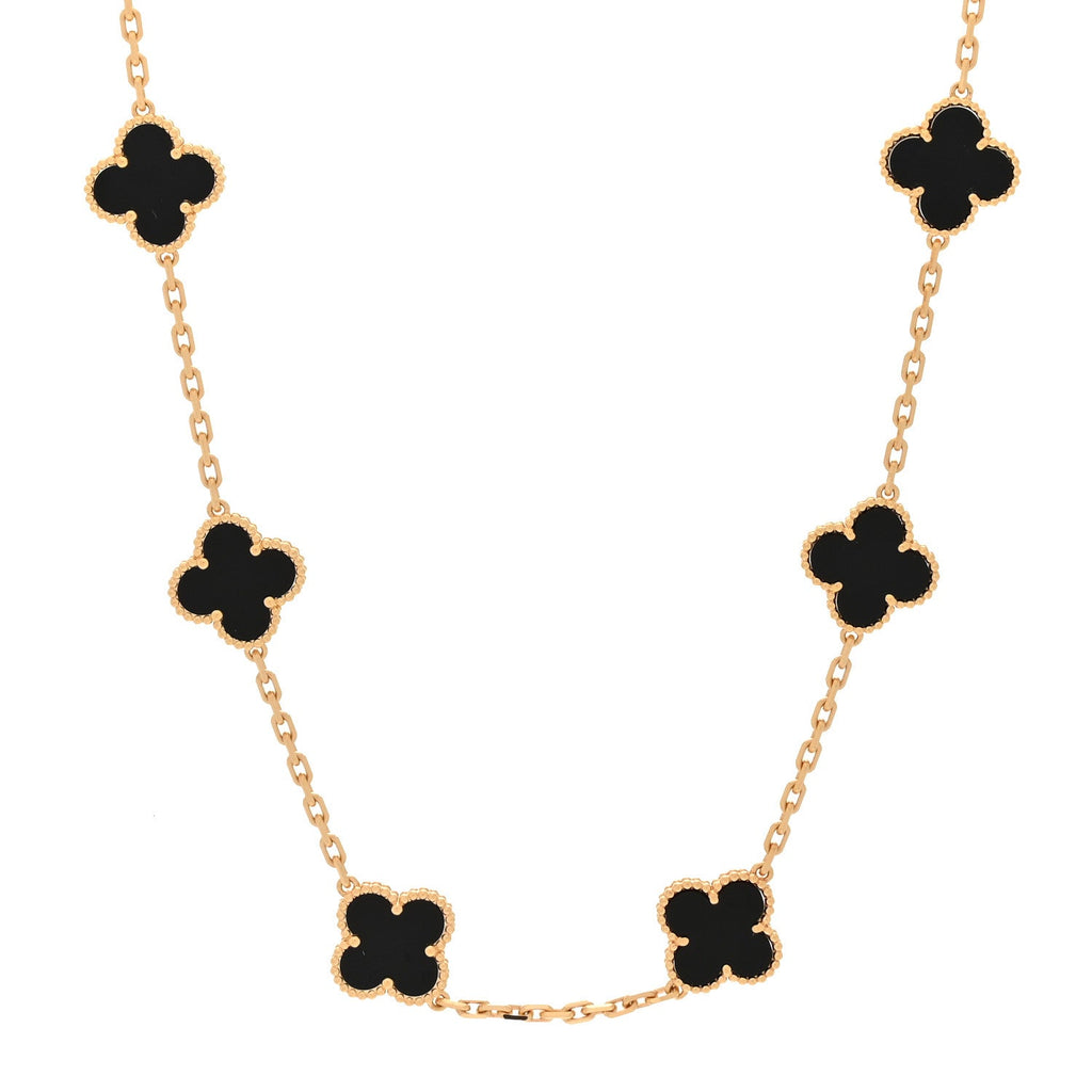 18K Yellow Gold Black Onyx 10 Motifs Vintage Alhambra Necklace