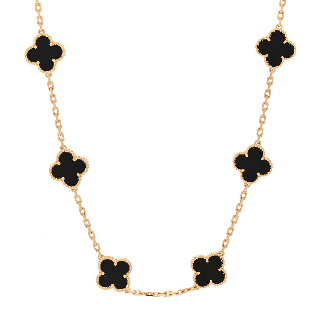 18K Yellow Gold Black Onyx 10 Motifs Vintage Alhambra Necklace